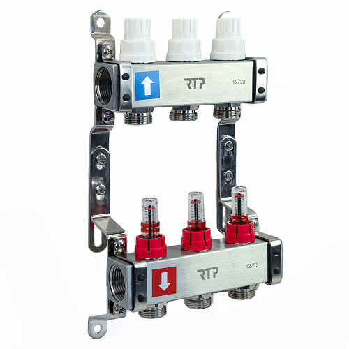 Коллекторная группа с расходомером и кронштейном (евроконус 3/4) нержавеющая сталь SUS 304 1х 3 выхода, RTP