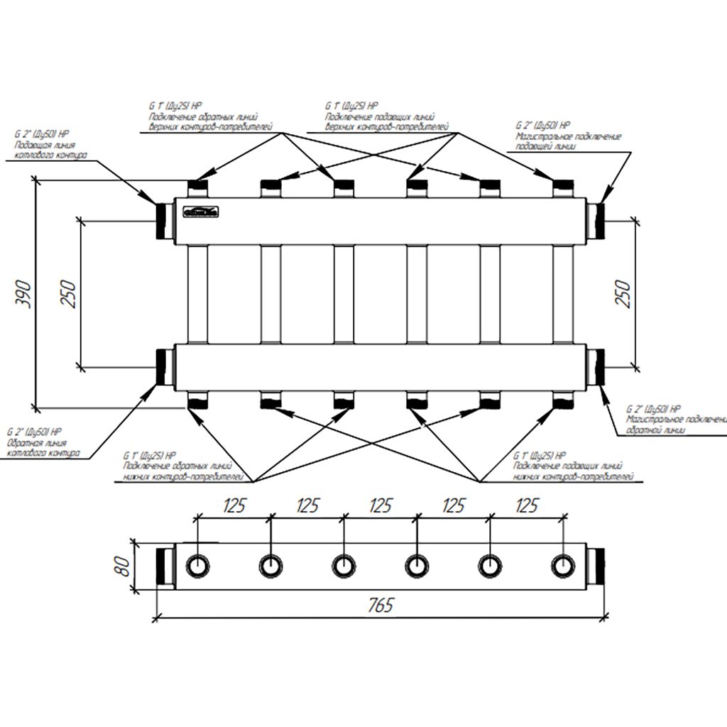 Модульный коллектор GIDRUSS MKSS-250-6DU (до 250 кВт, 2 магистр. подкл. G 2, 3 контура G 1 вверх и 3 вниз)