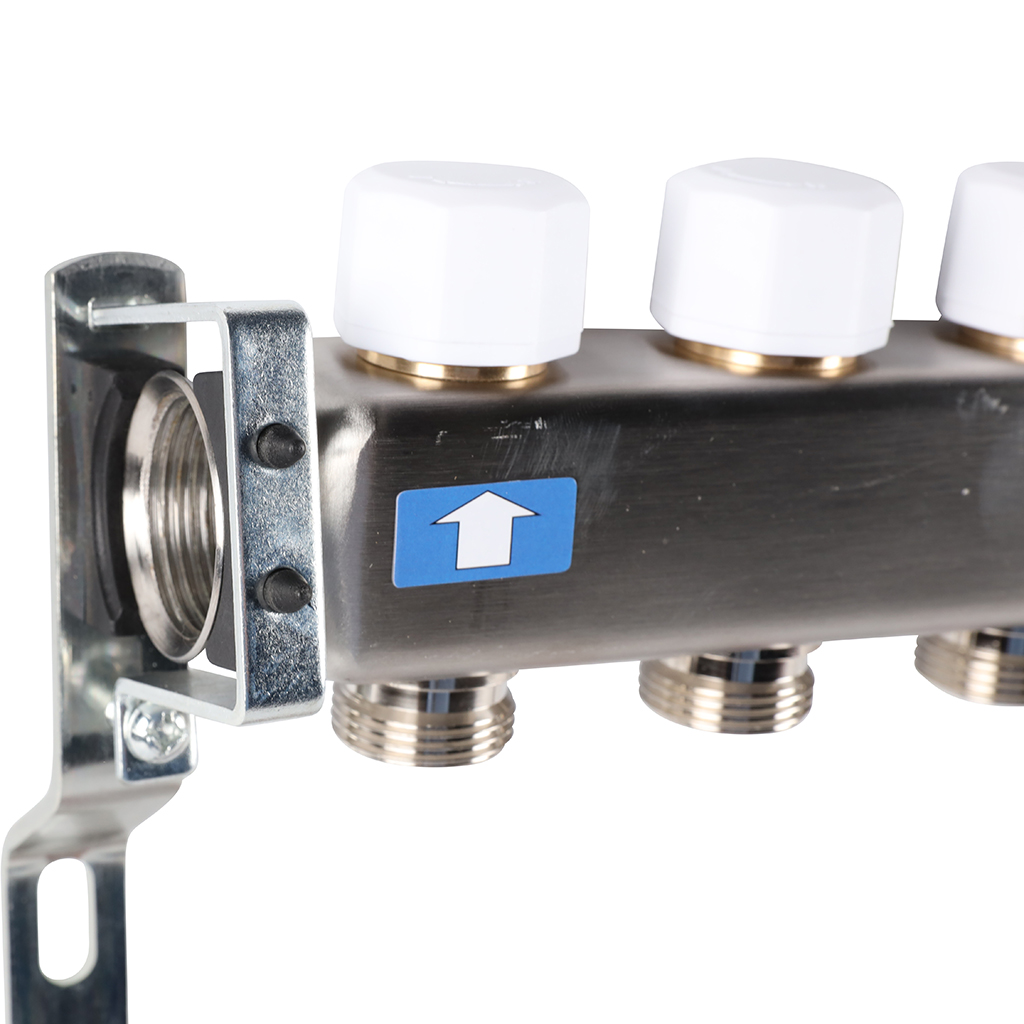 Коллектор из нержавеющей стали без расходомеров ROMMER, с клапаном вып. воздуха и сливом 9 выходов, RMS-3201-000009