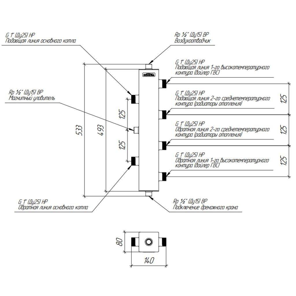 Термогидравлический разделитель GIDRUSS TGRSS-60-25x2 (нерж., до 60 кВт, 2 контура G 1, встроенный сепаратор), 15 06002 20