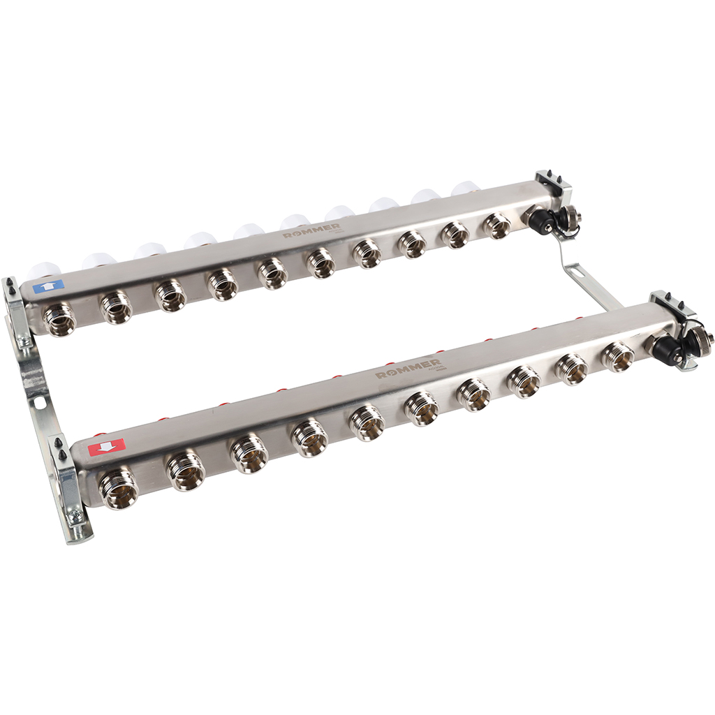 Коллектор из нержавеющей стали без расходомеров ROMMER, с клапаном вып. воздуха и сливом 10 выходов