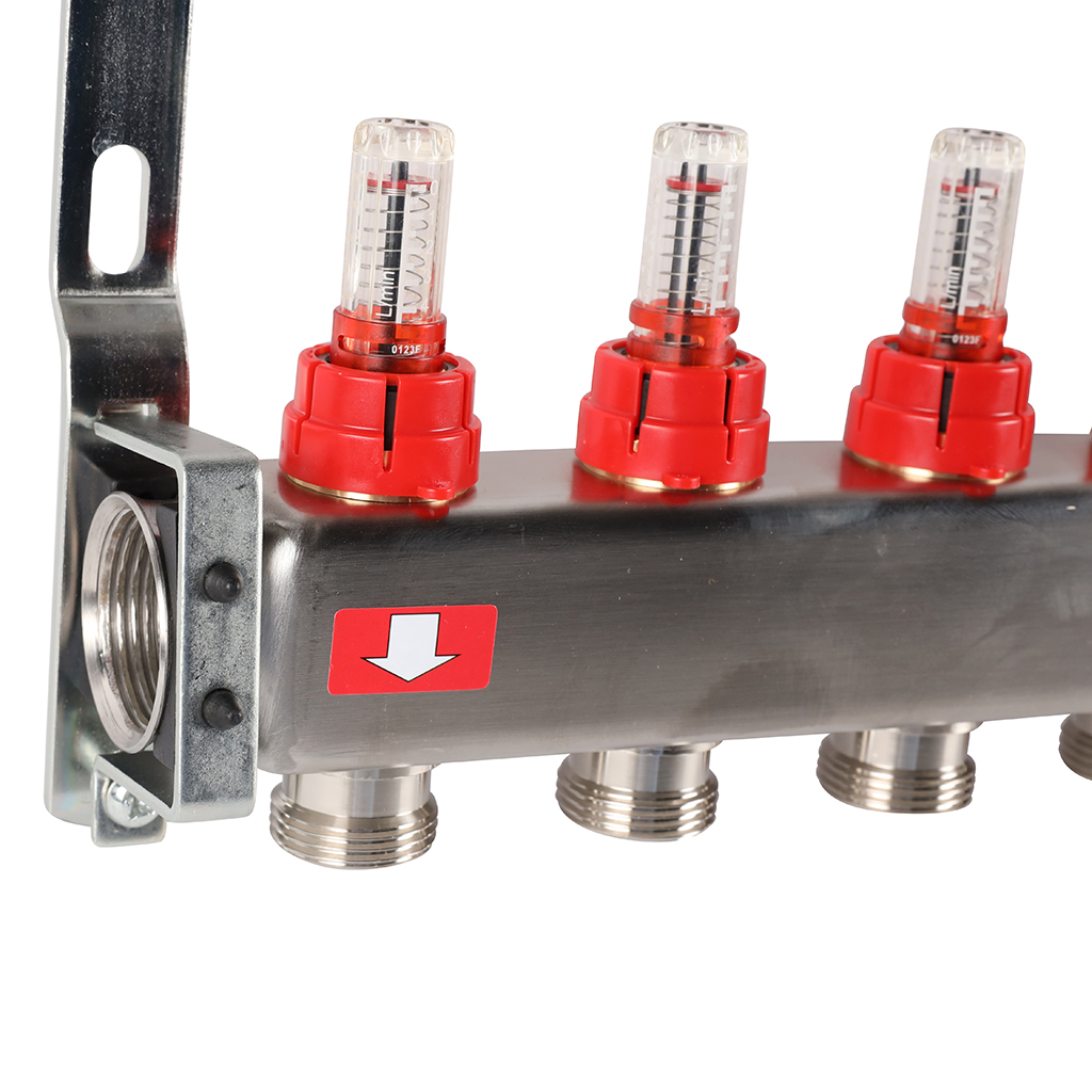 Коллектор из нержавеющей стали с расходомерами ROMMER, с клапаном вып. воздуха и сливом 9 выходов, RMS-1201-000009