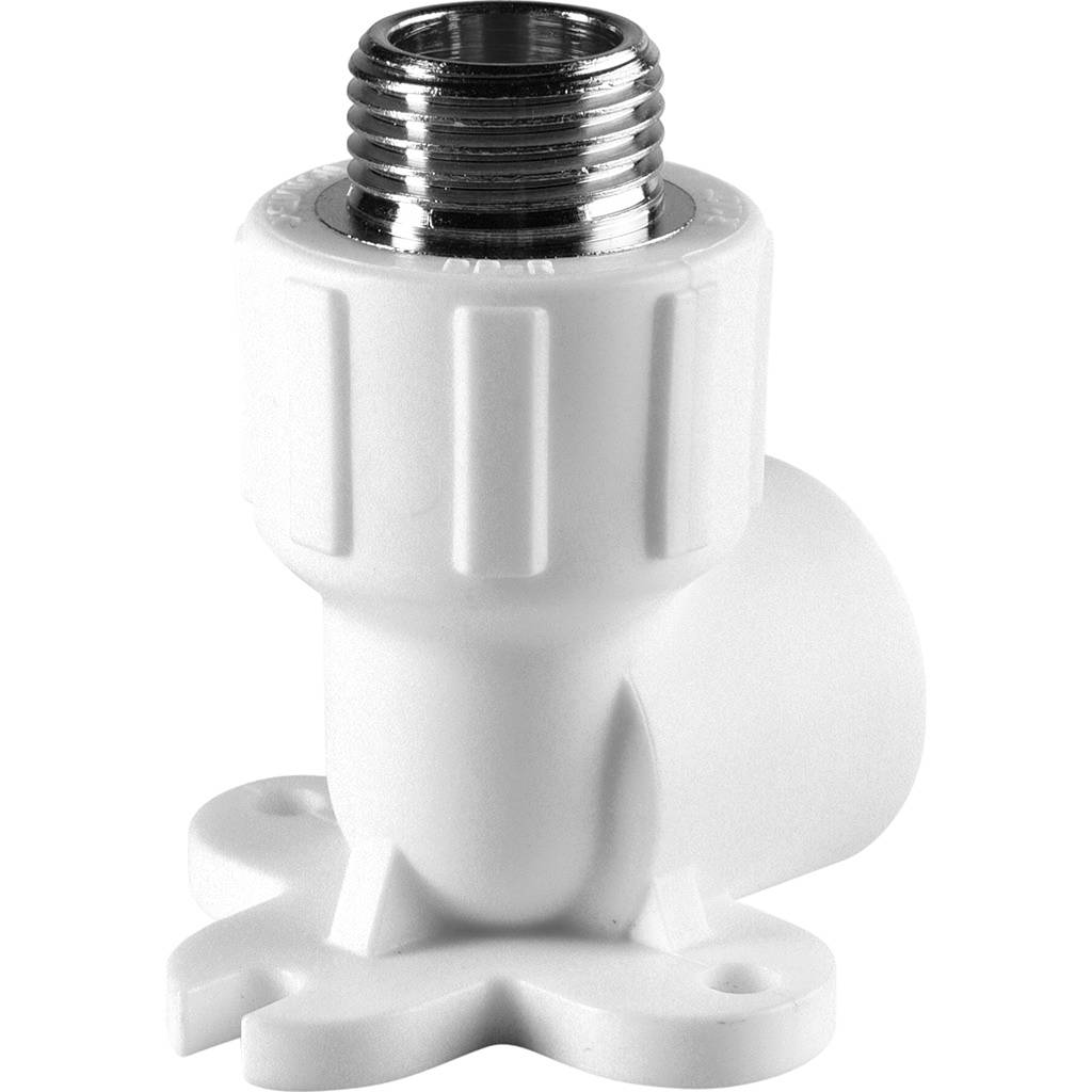 Угольник Политэк 20х1/2 с наружной резьбой с креплением для полипропиленовых труб под сварку (цвет белый), 9500082012