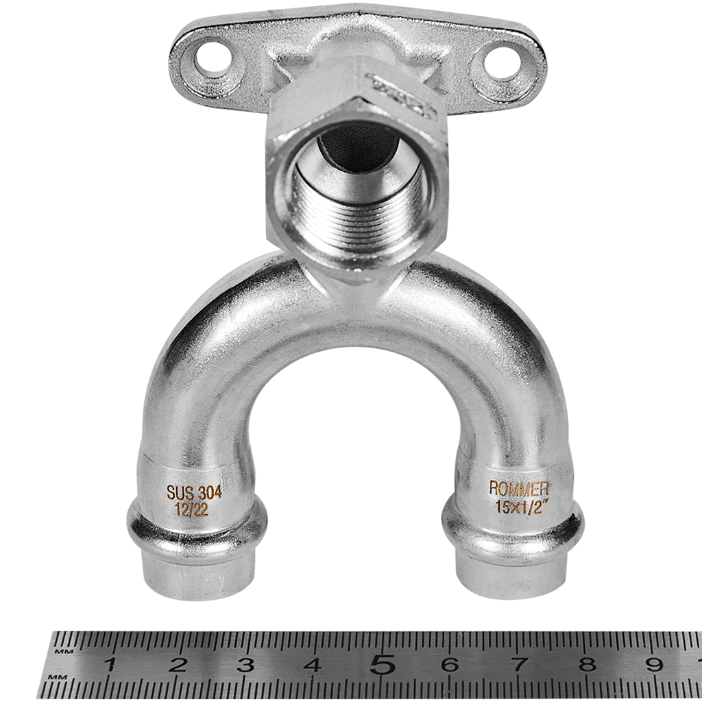 Угольник ROMMER проходной настенный с креплением-ВР, 15х1/2, из нержавеющей стали прессовой