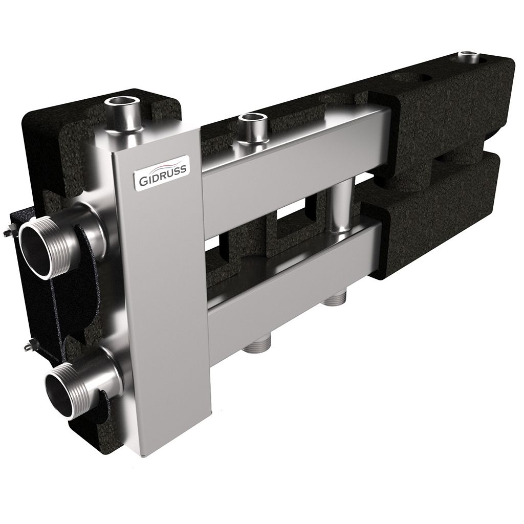 Балансировочный коллектор GIDRUSS BMSS-80-3D.EPP (до 80 кВт, подкл. котла G 1, 2 контура G 1, боковой контур G 1, зеркально-матовая полировка, 4D-кронштейны K.UMS, EPP-термоизоляция)