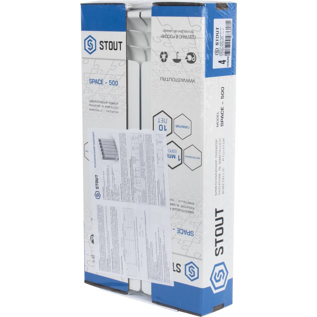 Радиатор биметаллический STOUT Space 500 4 секции боковое подключение RAL9016, SRB-0310-050004