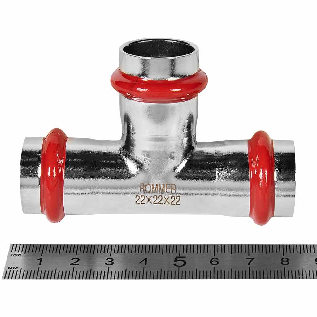 Тройник ROMMER равнопроходной ВПр, 22, из нержавеющей стали прессовой, RSS-1013-000022