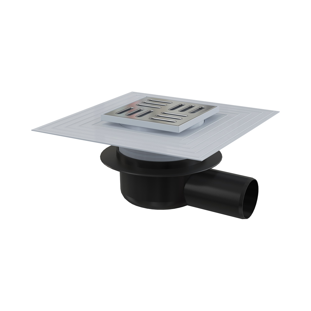 Сливной трап AlcaPlast 105x105/50 мм боковой сток, решетка из нержавеющей стали, воротник изоляции 2–го уровня, гидрозатвор сухой, APV26C