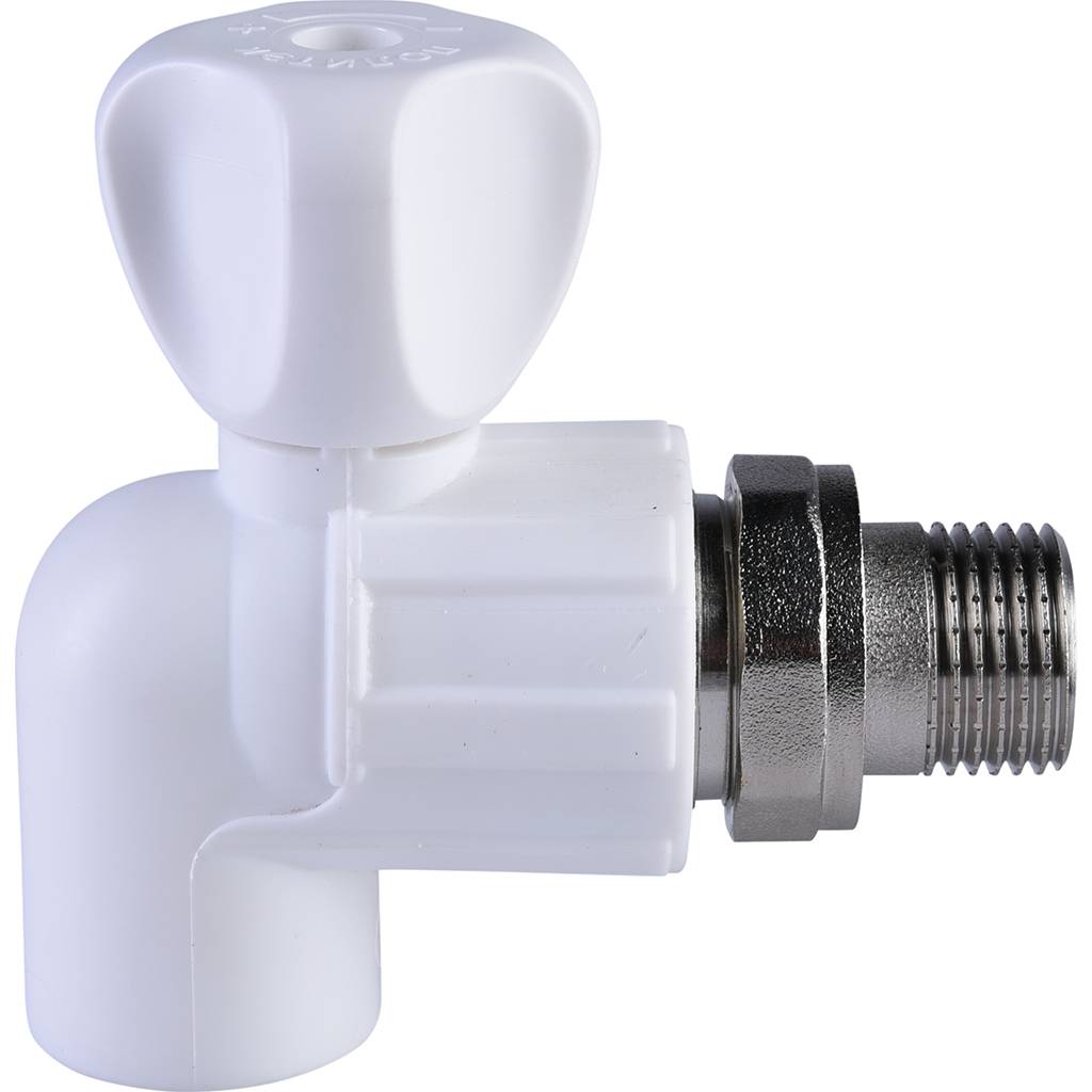 Кран шаровой для радиатора Политэк 20х1/2 угловой для полипропиленовых труб под сварку (цвет белый)