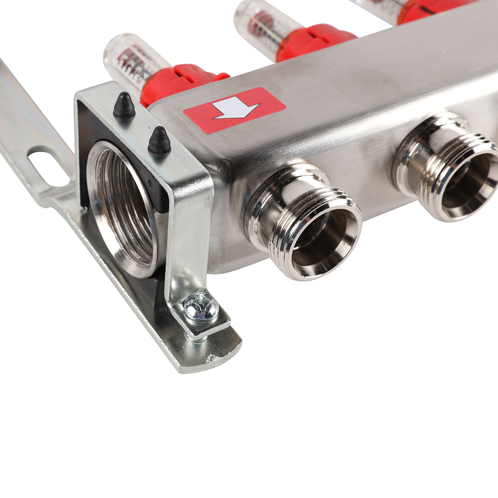 Коллектор из нержавеющей стали с расходомерами ROMMER, с клапаном вып. воздуха и сливом 7 выходов, RMS-1201-000007