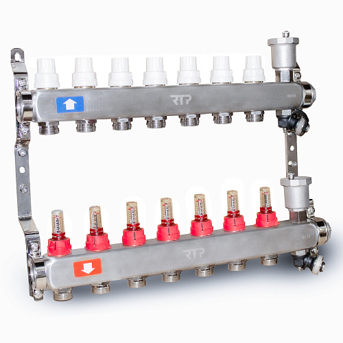 Коллекторная группа с регулирующими клапанами, расходомерами, воздухоотводчиками, обратными и дренажными клапанами, кронштейном (евроконус 3/4) нержавеющая сталь SUS 304 1х 7 выходов, RTP