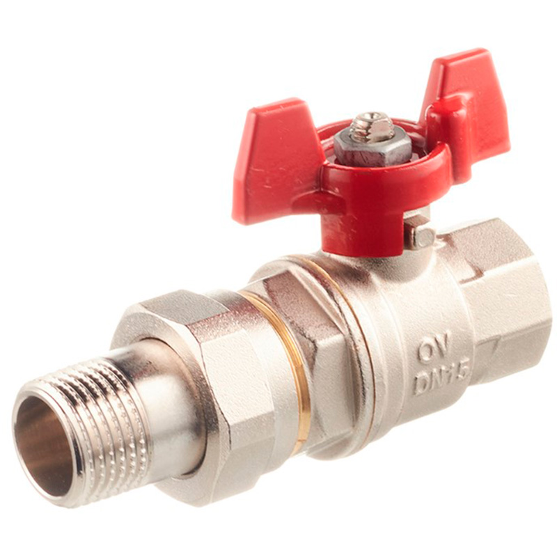 Кран шаровой OVENTROP Obtibal латунный рукоятка бабочкой, с одной стороны внутренняя резьба, с другой ниппель с наружной резьбой и накидной гайкой 1/2, 1075804