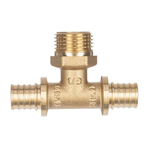 Тройник аксиальный, латунь, наружная резьба,16х1/2, желтый, RTP