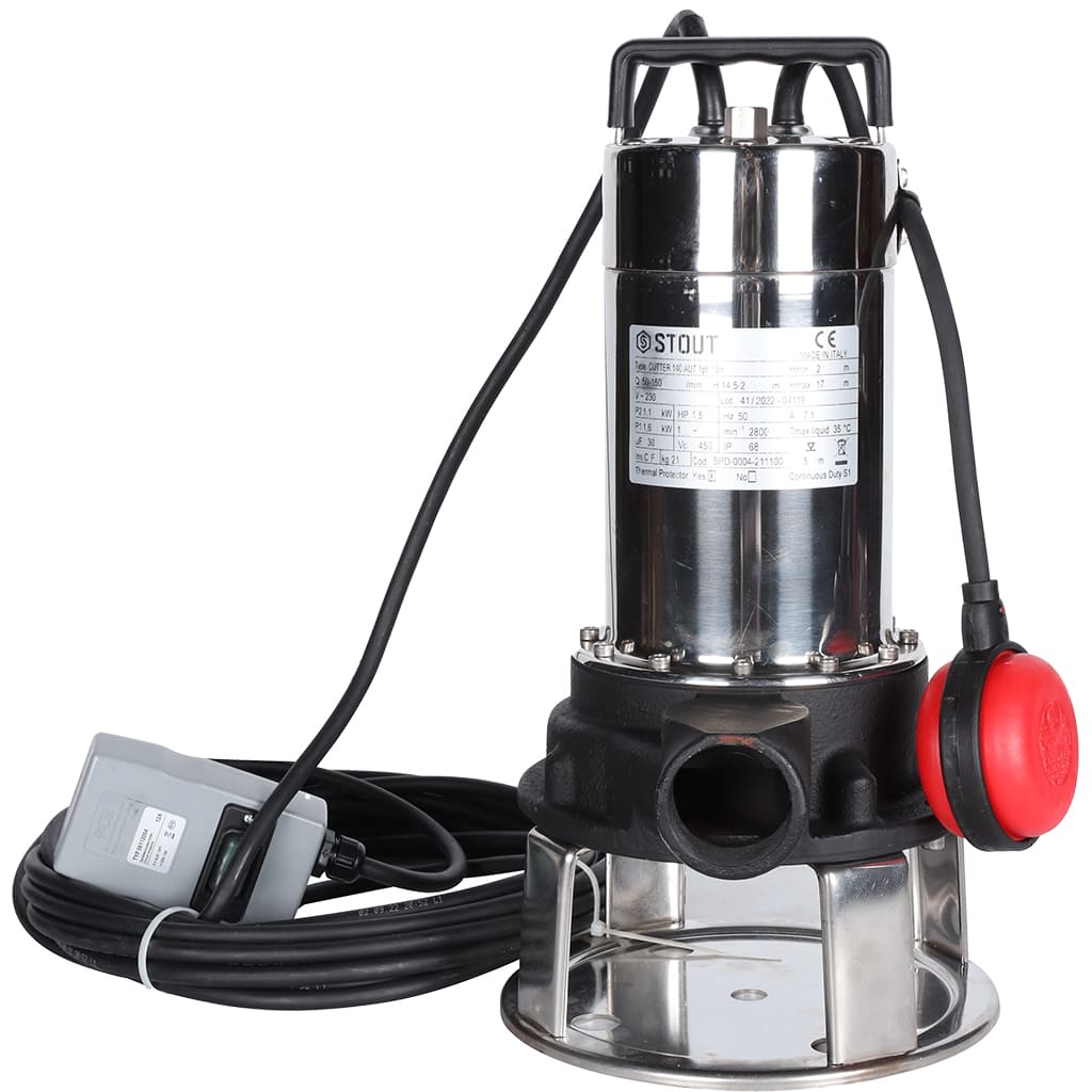 Насос дренажный STOUT с режущим механизмом и поплавком, корпус-чугун, кабель 10 м, 230V, Q=150 л/мин, H= 17 м, SPD-0004-211100