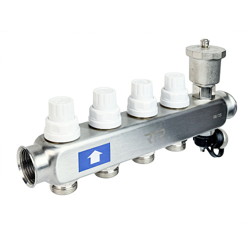 Коллекторная группа с регулирующими клапанами, расходомерами, воздухоотводчиками, обратными и дренажными клапанами, кронштейном (евроконус 3/4) нержавеющая сталь SUS 304 1х 4 выхода, RTP