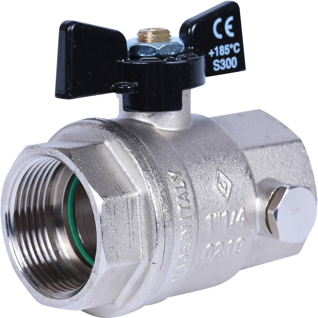 Кран шаровой BUGATTI Oregon 1 1/4 с дренажем и воздухоотводчиком, (ручка-бабочка) внут-внут резьба