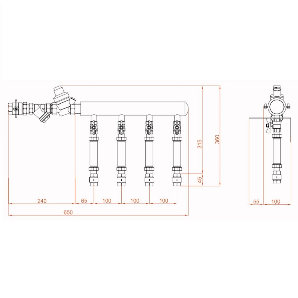 Коллектор модульный БЭФ-КЭВ для систем водоснабжения на 2 отвода, левый, входная группа Ду25