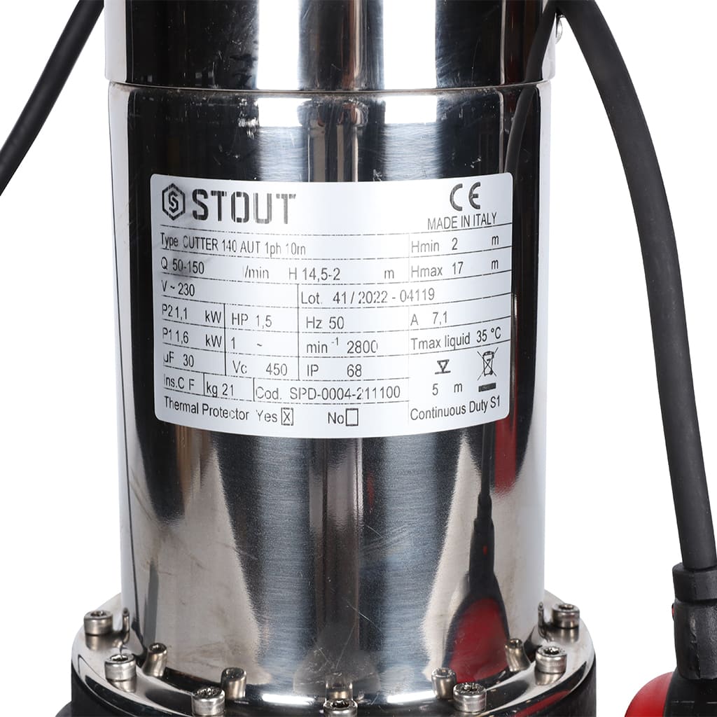 Насос дренажный STOUT с режущим механизмом и поплавком, корпус-чугун, кабель 10 м, 230V, Q=150 л/мин, H= 17 м, SPD-0004-211100