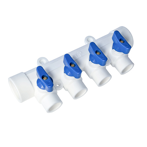 Коллектор с шаровым краном синий PPR 32х20/4,  белый, RTP