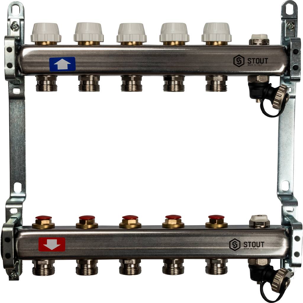 Коллектор из нержавеющей стали без расходомеров, с клапаном вып. воздуха и сливом STOUT 5 выходов