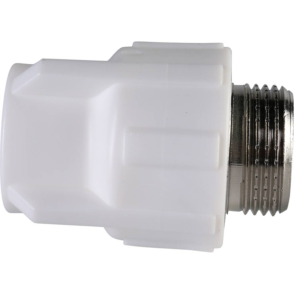 Муфта комбинированная Политэк 20х3/4 наруж. резьба для полипропиленовых труб под сварку (цвет белый), 9000002034