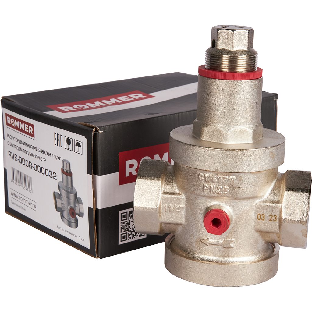 Редуктор давления ROMMER PN25 вн/вн 1 1/4  с выходом под манометр, RVS-0008-000032
