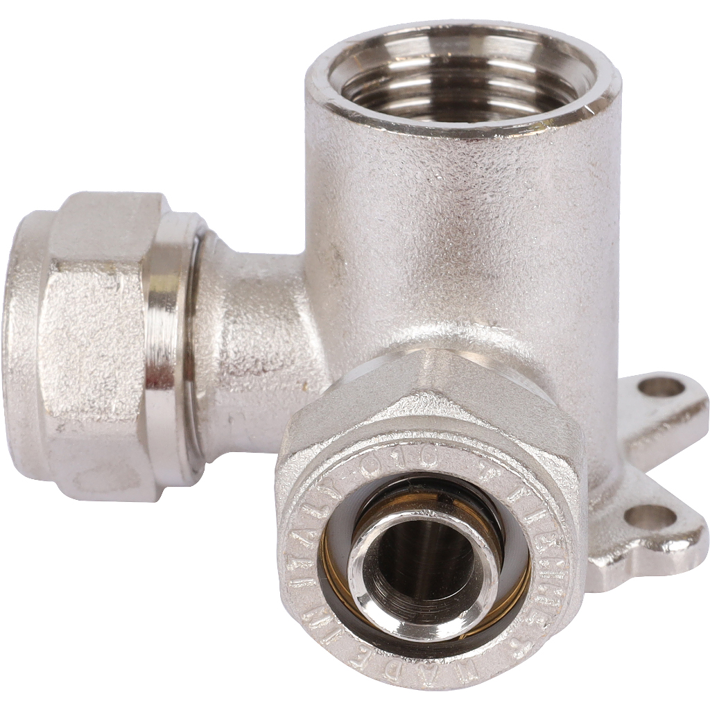 Тройник TIEMME с креплением, внутренняя резьба (16х2.0х1/2) для металлопластиковых труб винтовой, 1600063