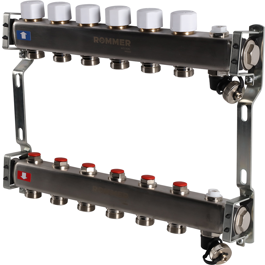 Коллектор из нержавеющей стали без расходомеров ROMMER, с клапаном вып. воздуха и сливом 6 выходов, RMS-3201-000006