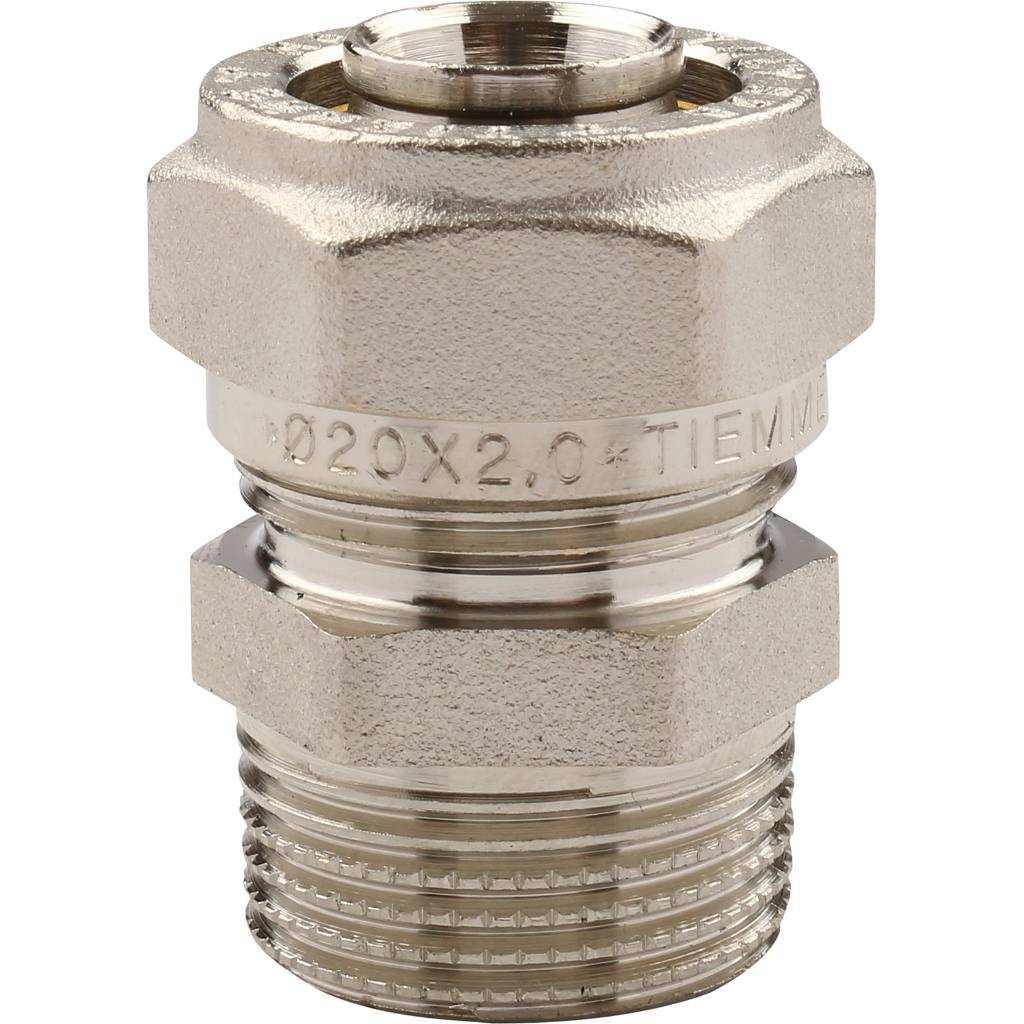 Муфта TIEMME с наружной резьбой (20х2.0х3/4) для металлопластиковых труб винтовой, 1600005