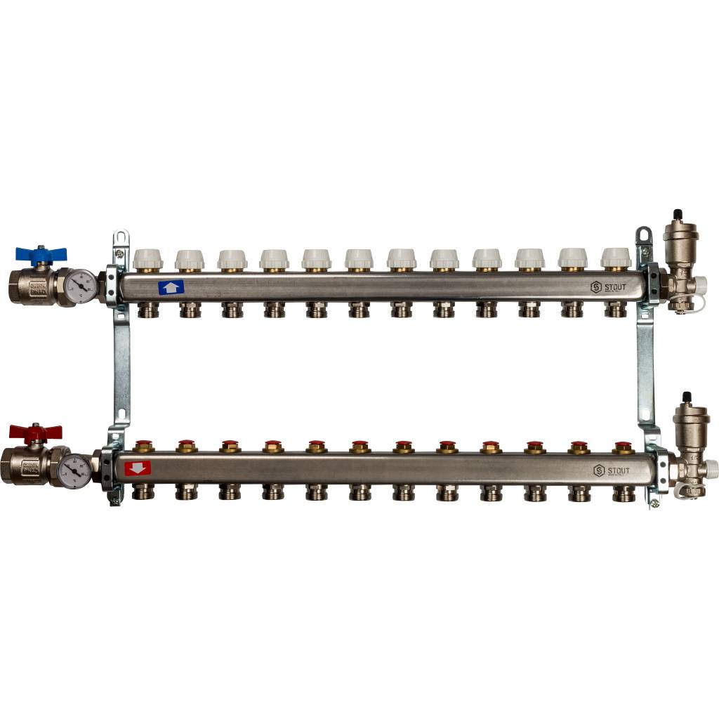Коллектор из нержавеющей стали в сборе без расходомеров STOUT 12 выходов, SMS 0912 000012