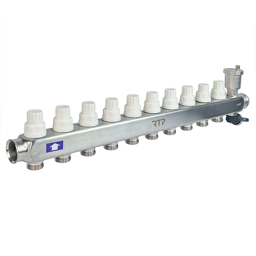 Коллекторная группа с регулирующими клапанами, расходомерами, воздухоотводчиками, обратными и дренажными клапанами, кронштейном (евроконус 3/4) нержавеющая сталь SUS 304 1х 10 выходов, RTP