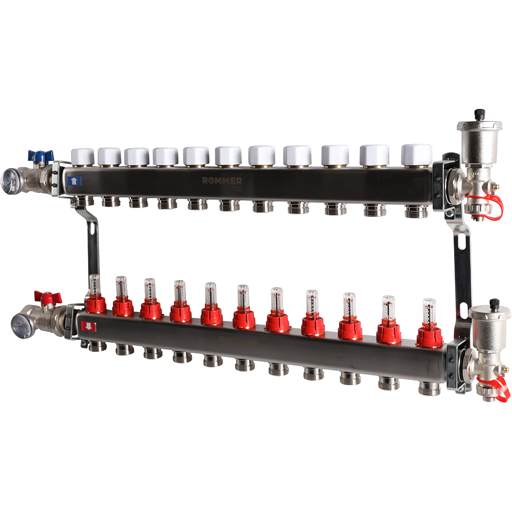 Коллектор из нержавеющей стали в сборе с расходомерами ROMMER 11 выходов, RMS-1210-000011