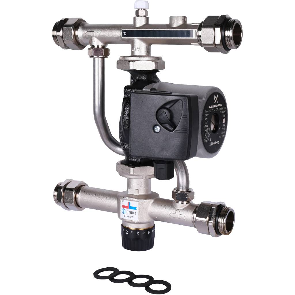 Насосно-смесительный узел STOUT с термостатическим клапаном 30-60°C, с насосом UPSO 25-65, 130 mm