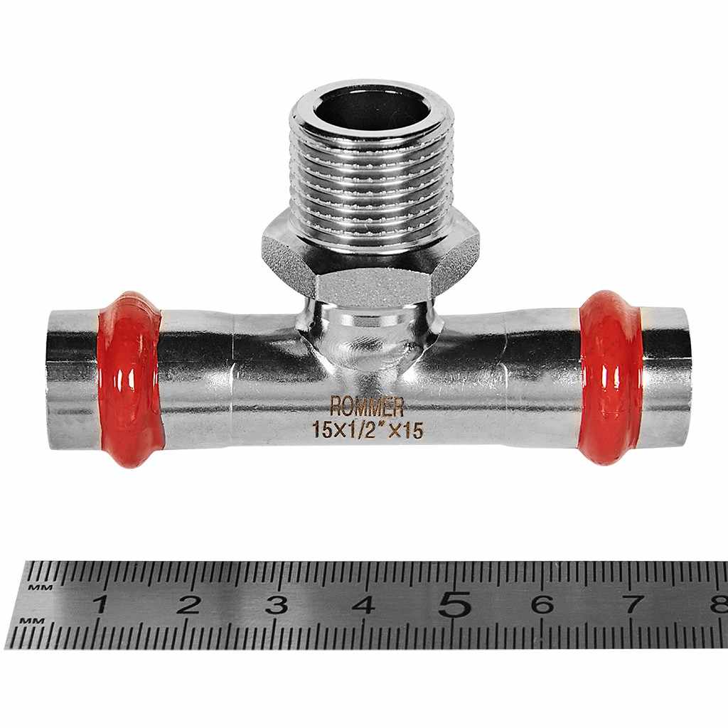 Тройник-Переходник ROMMER ВПр-НР, 15х1/2, из нержавеющей стали прессовой, RSS-1016-001512