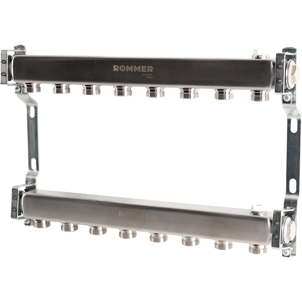 Коллектор из нержавеющей стали ROMMER для радиаторной разводки 8 выходов, RMS-4401-000008