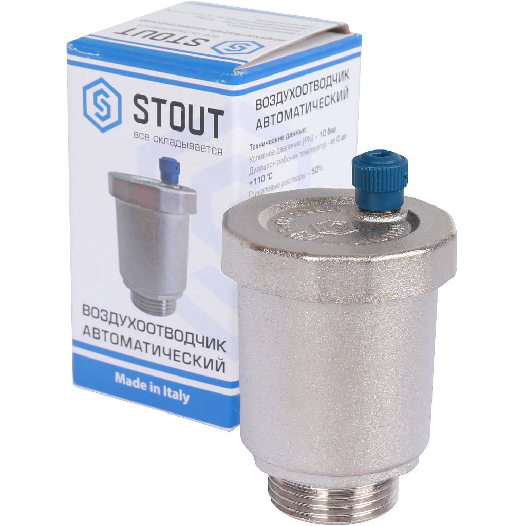 Воздухоотводчик автоматический вертикальный выпуск STOUT нар.р. 3/4 никель