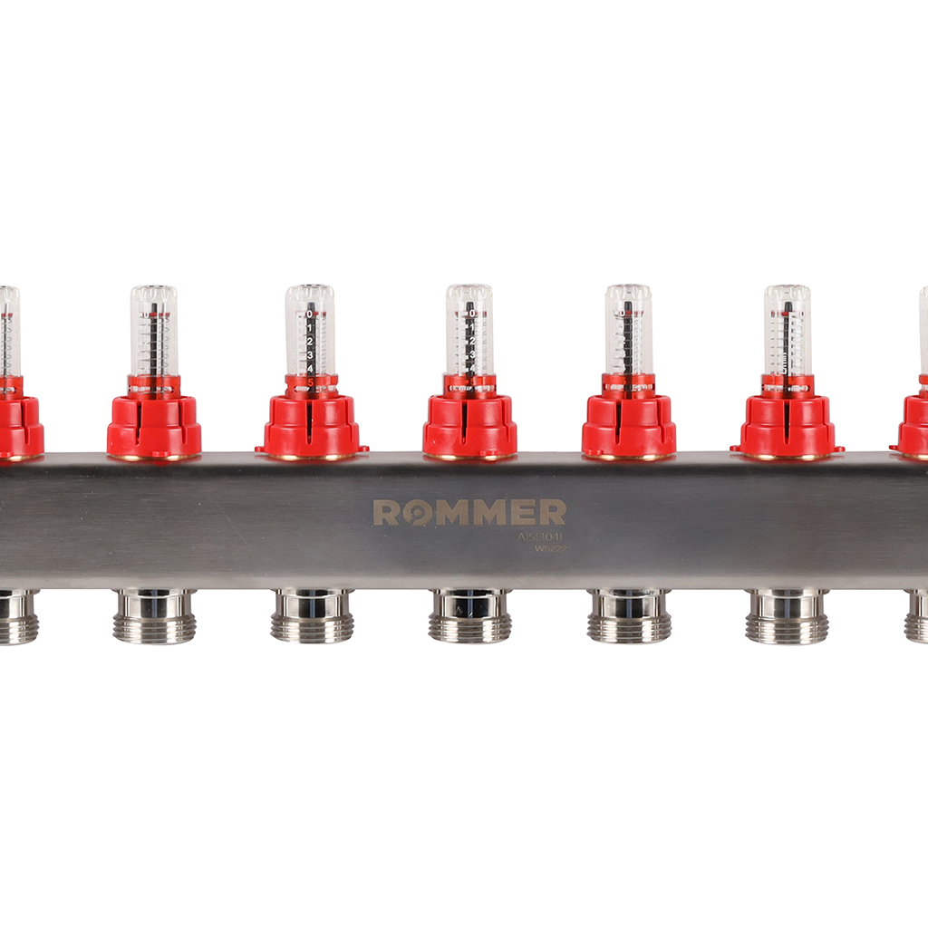 Коллектор из нержавеющей стали с расходомерами ROMMER, с клапаном вып. воздуха и сливом 12 выходов