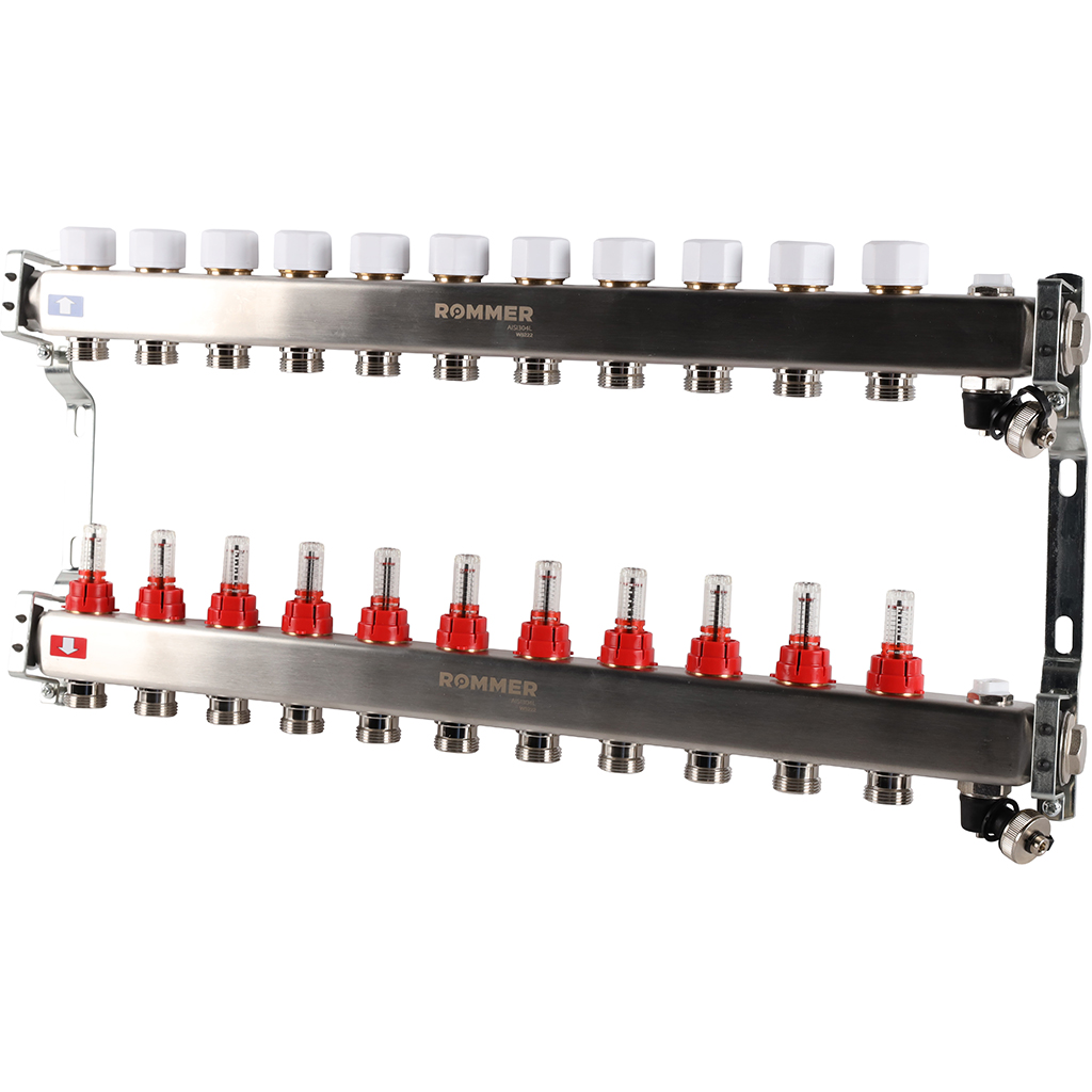 Коллектор из нержавеющей стали с расходомерами ROMMER, с клапаном вып. воздуха и сливом 11 выходов, RMS-1201-000011