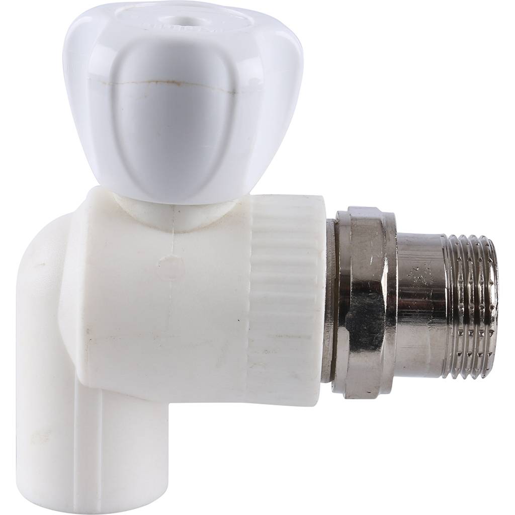 Кран шаровой Kalde разборный угловой с накидной гайкой 20x3/4 для полипропиленовых труб под сварку (цвет белый), 3242-vre-200c00