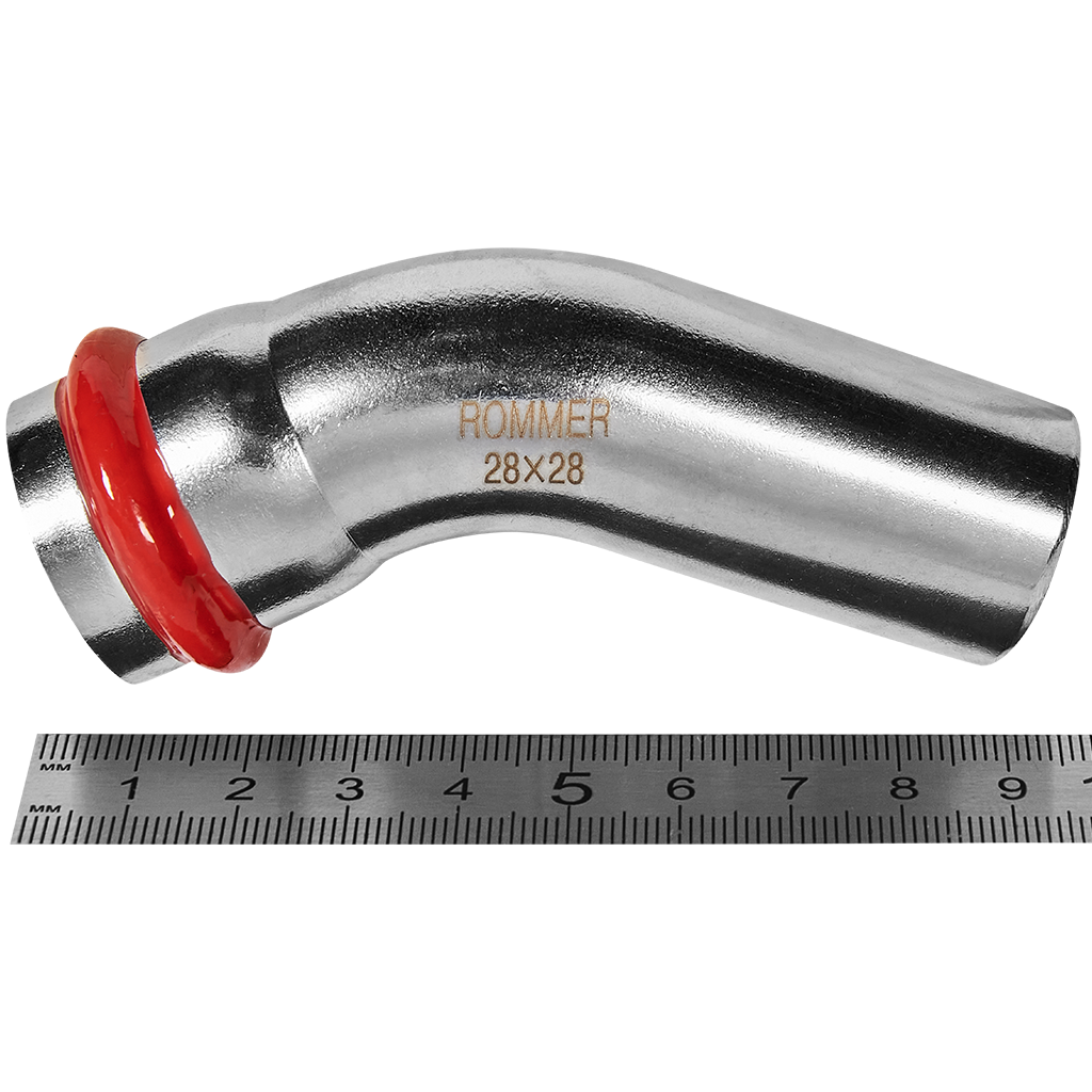 Угольник ROMMER однораструбный 45°-НПр, 28, из нержавеющей стали прессовой