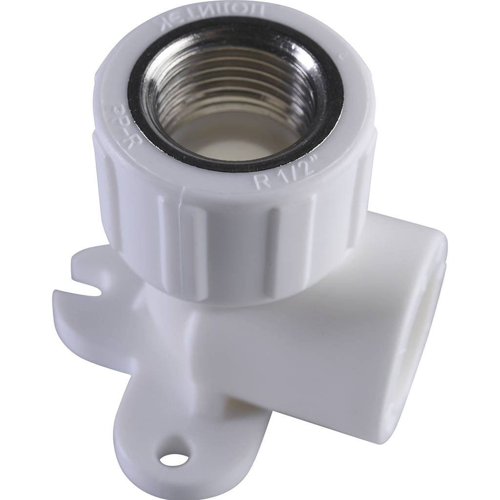 Угольник Политэк 20х1/2 с внутренней резьбой с креплением для полипропиленовых труб под сварку (цвет белый), 9400082012