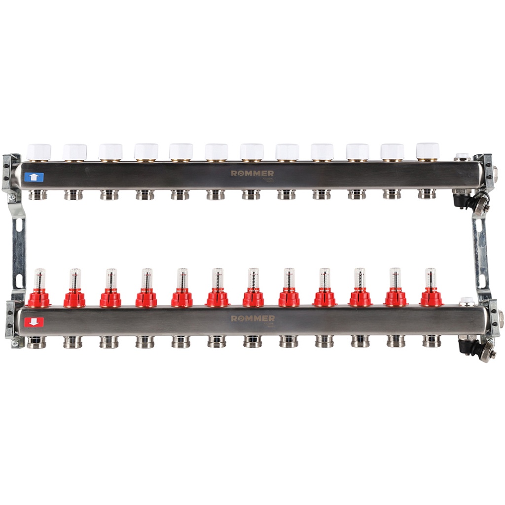 Коллектор из нержавеющей стали с расходомерами ROMMER, с клапаном вып. воздуха и сливом 12 выходов