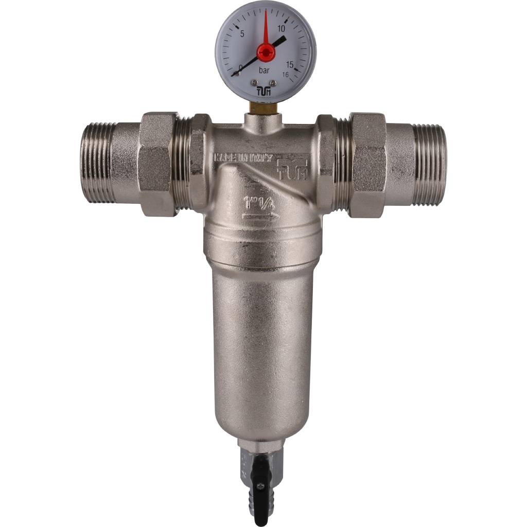 Фильтр с манометром TIEMME 1 1/4 со сгонами, с латунной колбой, промывной, 3130009