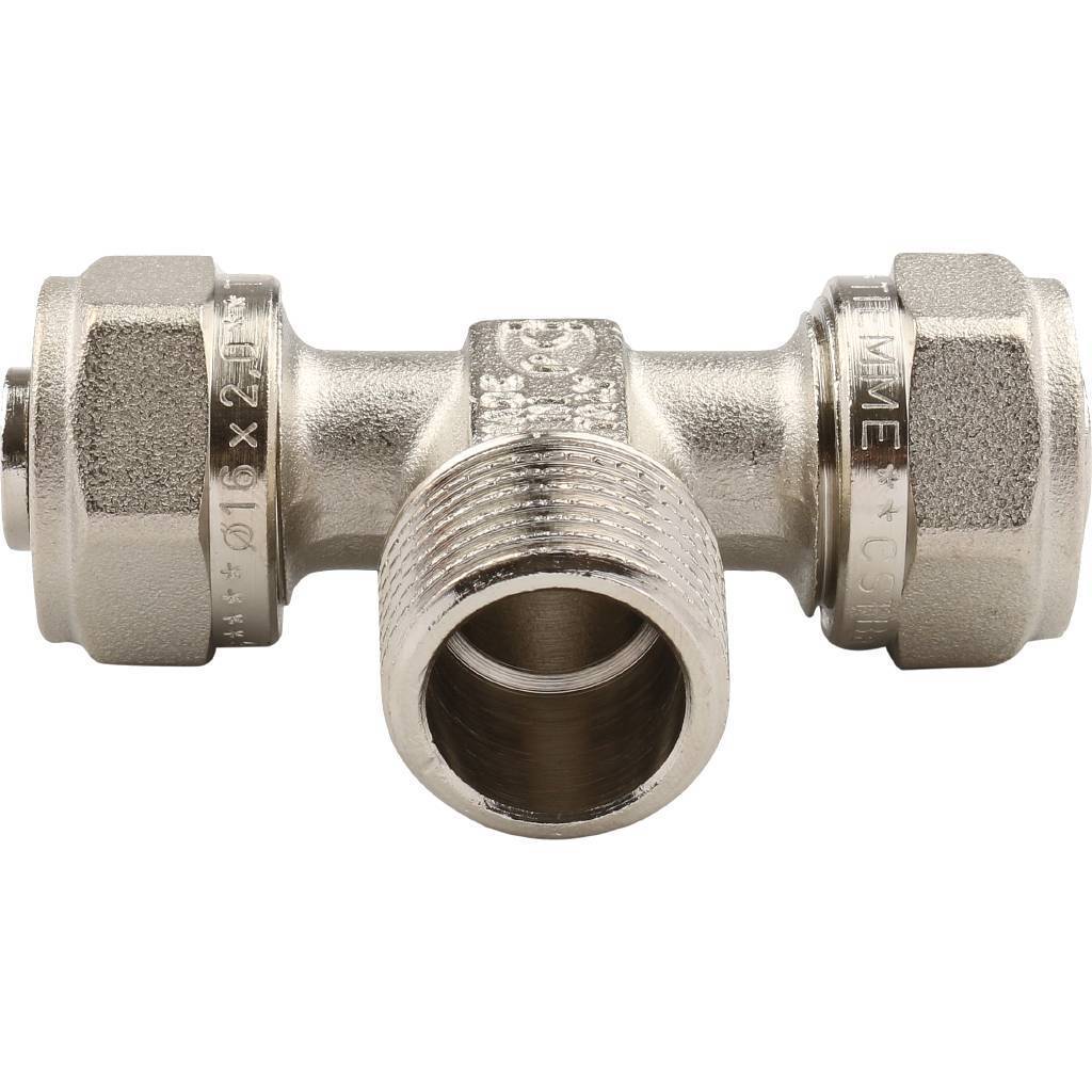 Тройник TIEMME с наружной резьбой (16х2.0х1/2) для металлопластиковых труб винтовой, 1600038