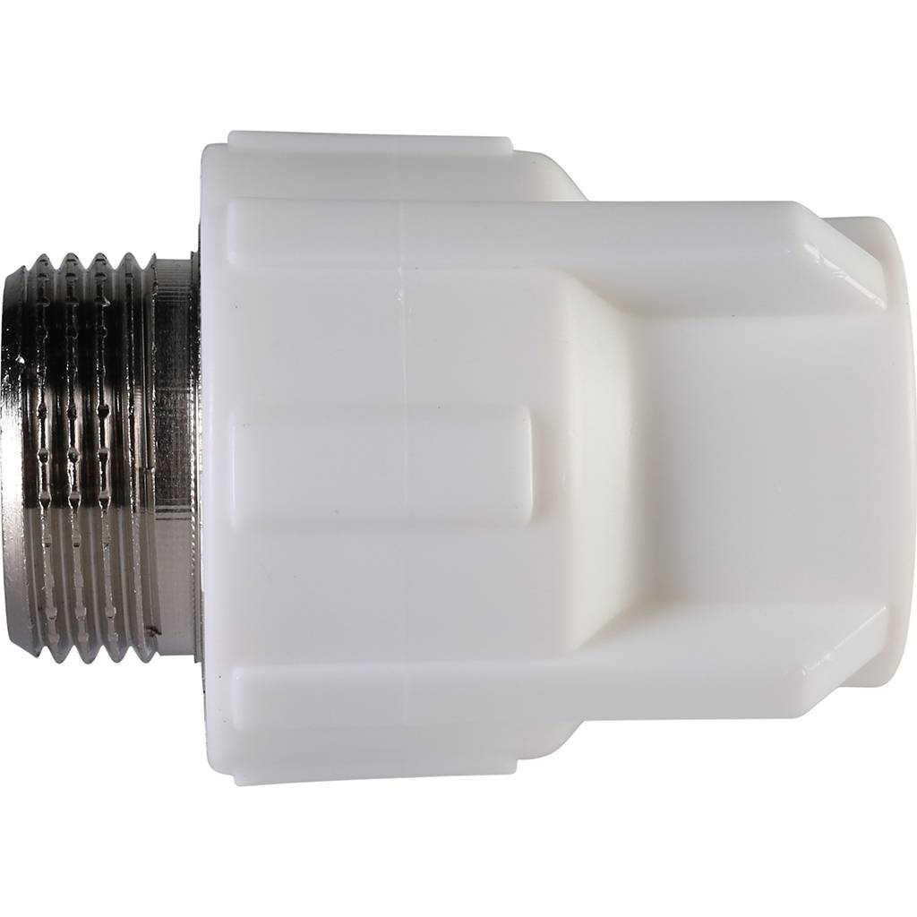 Муфта комбинированная Политэк 20х3/4 наруж. резьба для полипропиленовых труб под сварку (цвет белый)