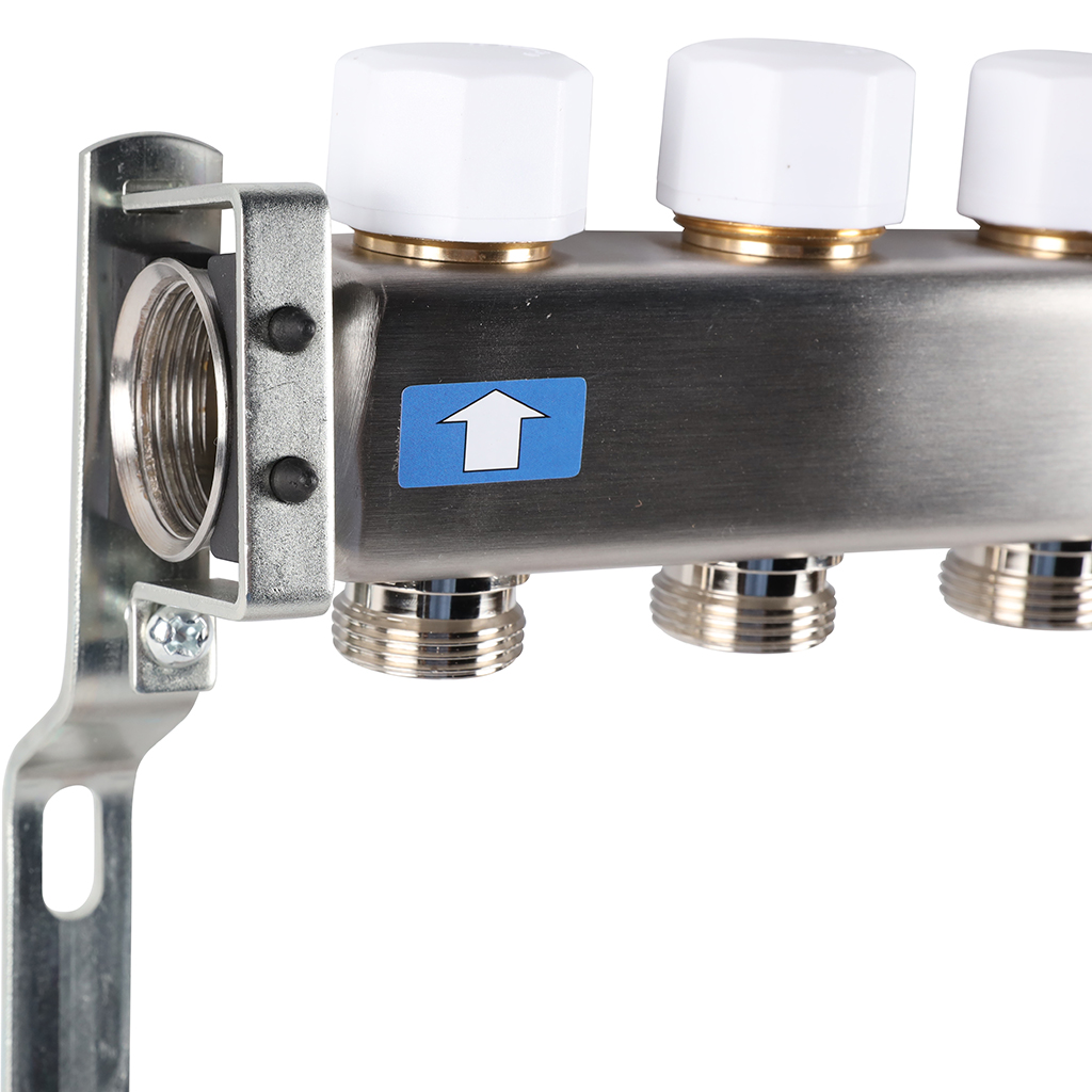 Коллектор из нержавеющей стали без расходомеров ROMMER, с клапаном вып. воздуха и сливом 5 выходов