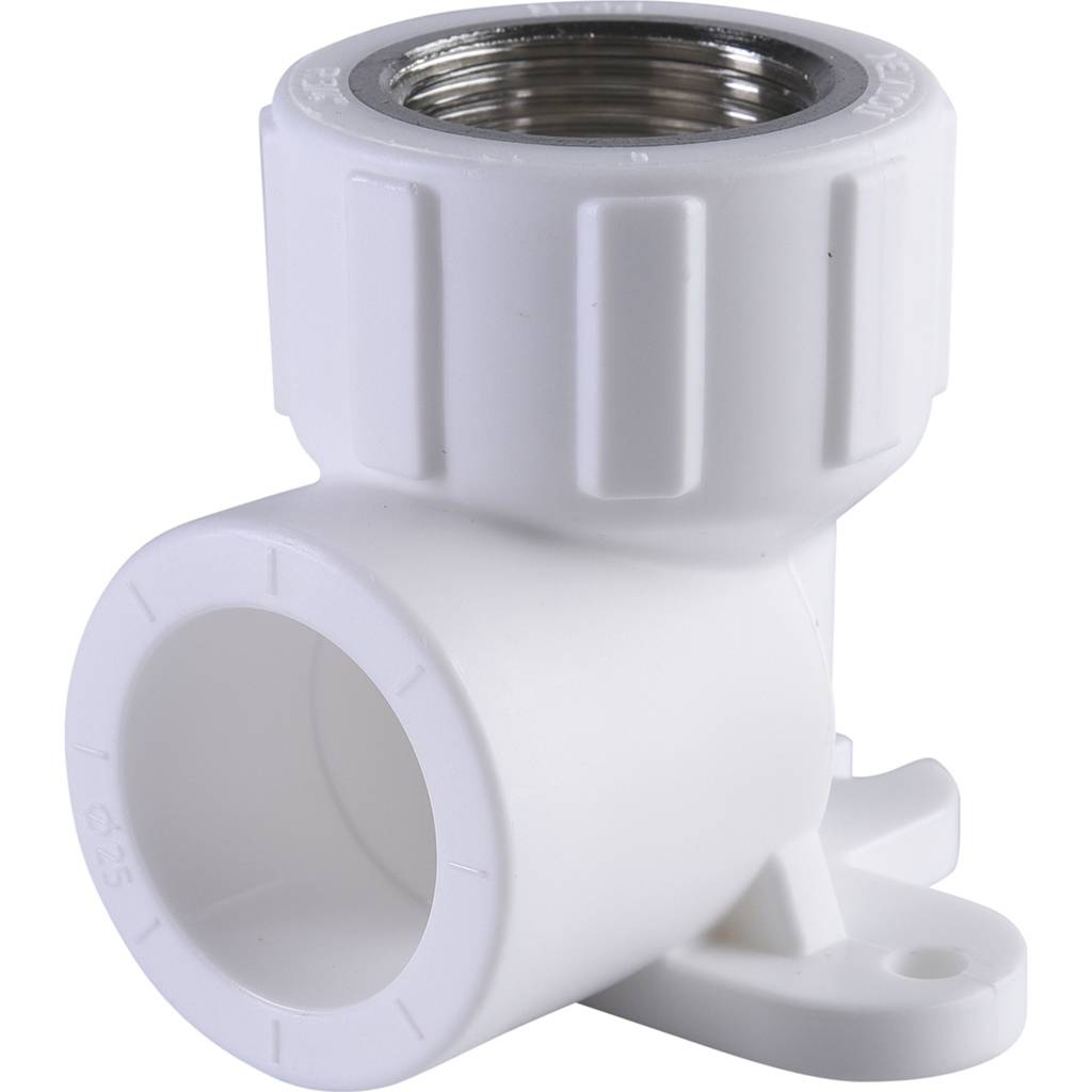 Угольник Политэк 25х3/4 с внутренней резьбой с креплением для полипропиленовых труб под сварку (цвет белый), 9400082534