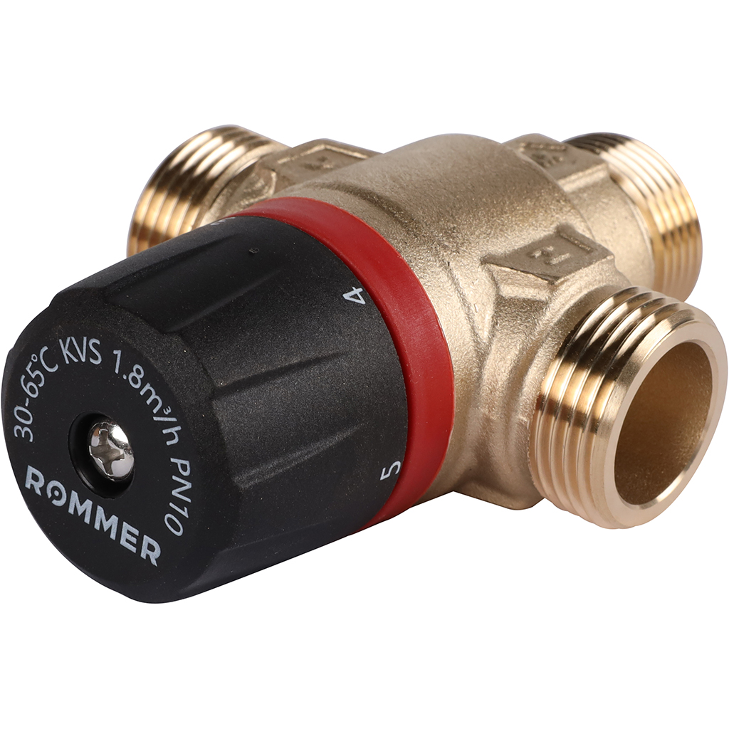 Термостатический смесительный клапан для систем отопления и ГВС ROMMER 3/4 НР 30-65°С KV 1,8 (центральное смешивание)