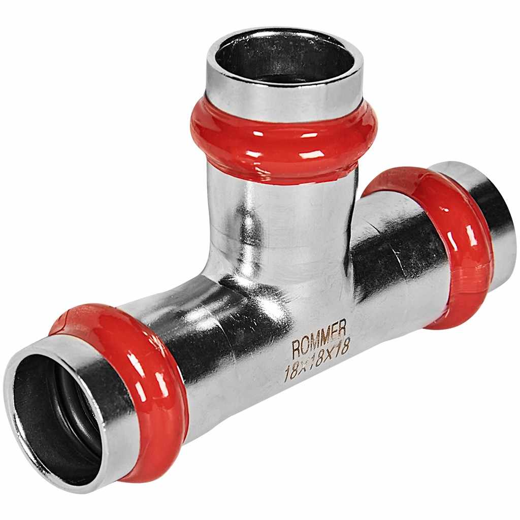 Тройник ROMMER равнопроходной ВПр, 18, из нержавеющей стали прессовой, RSS-1013-000018