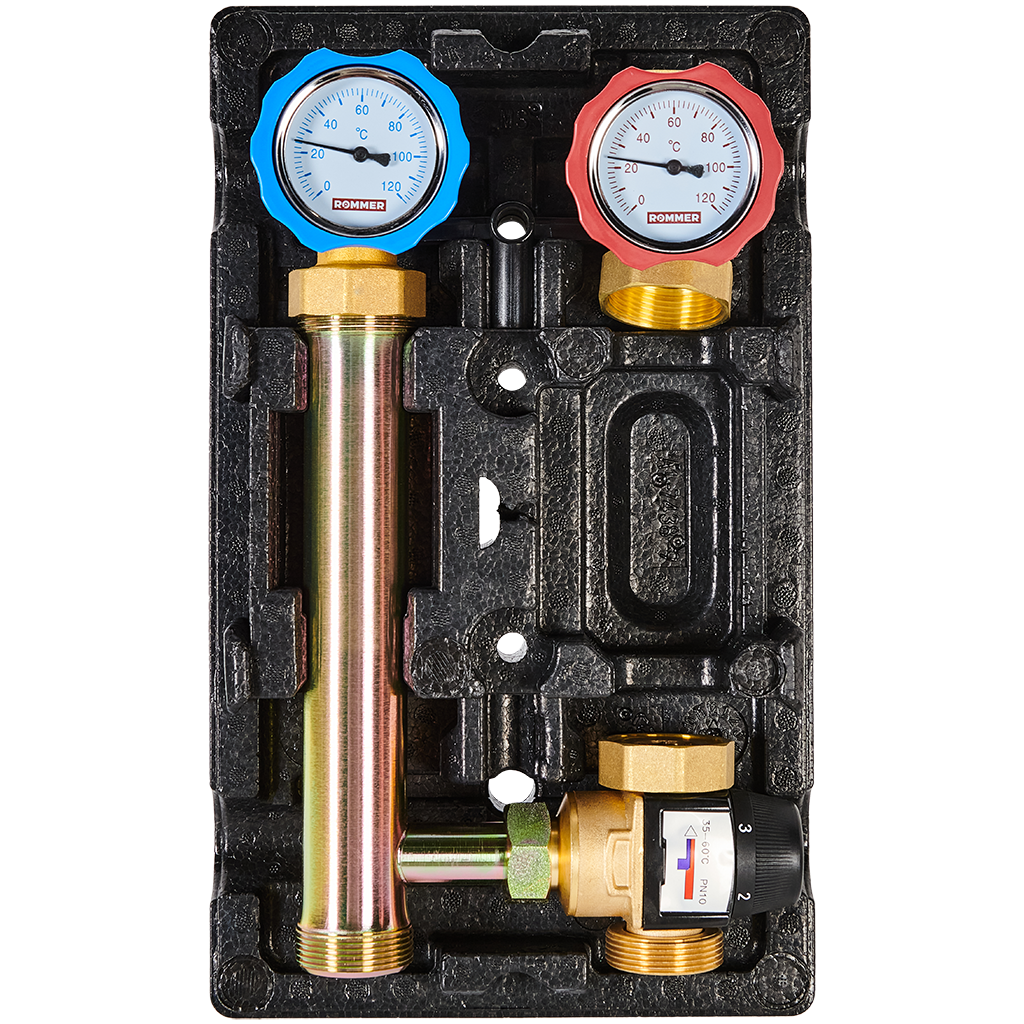 RDG-1002-002501 ROMMER Насосная группа с термостатическим смесительным клапаном (35-60°С) 1  без насоса в теплоизоляции